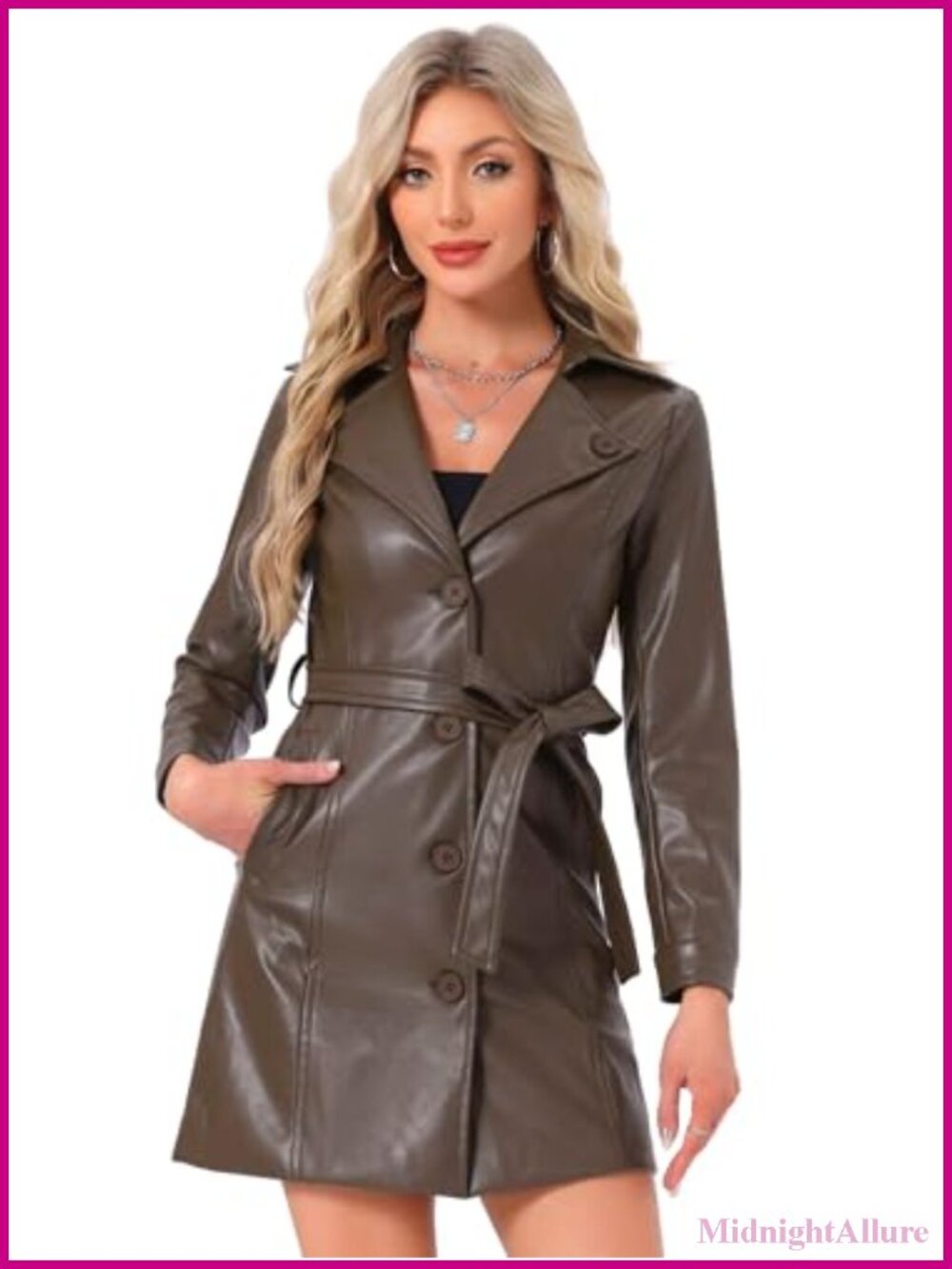 Faux Leather Notched Lapel Trench Coat with Belt
